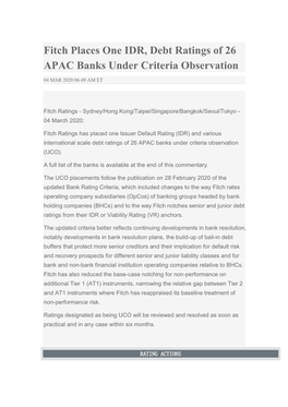 Fitch Places One IDR, Debt Ratings of 26 APAC Banks Under Criteria Observation