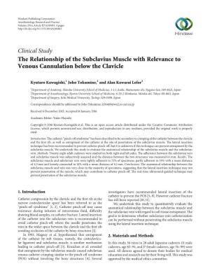 Clinical Study the Relationship of the Subclavius Muscle with Relevance to Venous Cannulation Below the Clavicle