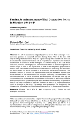 Famine As an Instrument of Nazi Occupation Policy in Ukraine, 1941-441