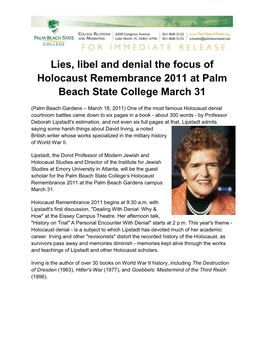 Lies, Libel and Denial the Focus of Holocaust Remembrance 2011 at Palm Beach State College March 31