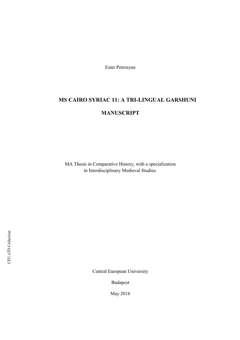 Ms Cairo Syriac 11: a Tri-Lingual Garshuni