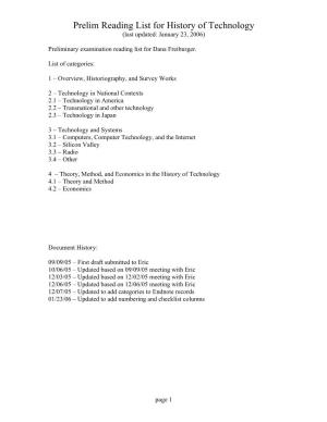 Prelim Reading List for History of Technology (Last Updated: January 23, 2006)