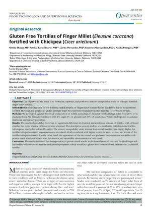 Gluten Free Tortillas of Finger Millet (Eleusine Coracana) Fortified with Chickpea (Cicer Arietinum)