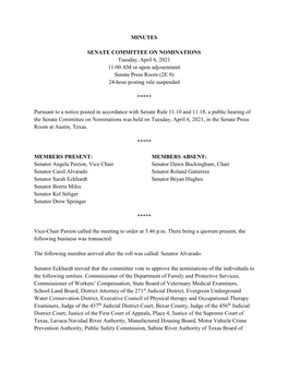 MINUTES SENATE COMMITTEE on NOMINATIONS Tuesday, April 6