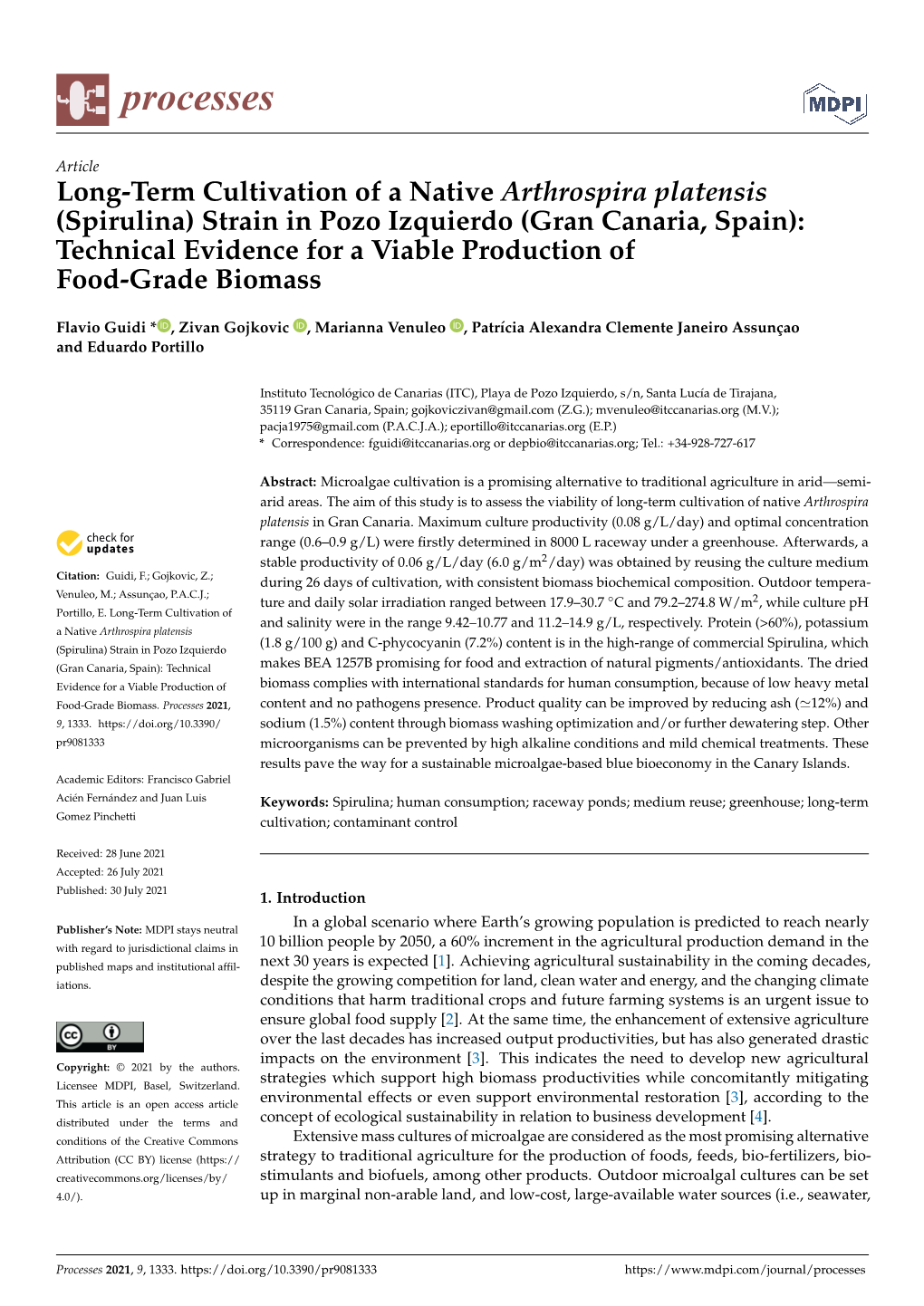 Long-Term Cultivation of a Native Arthrospira Platensis (Spirulina)