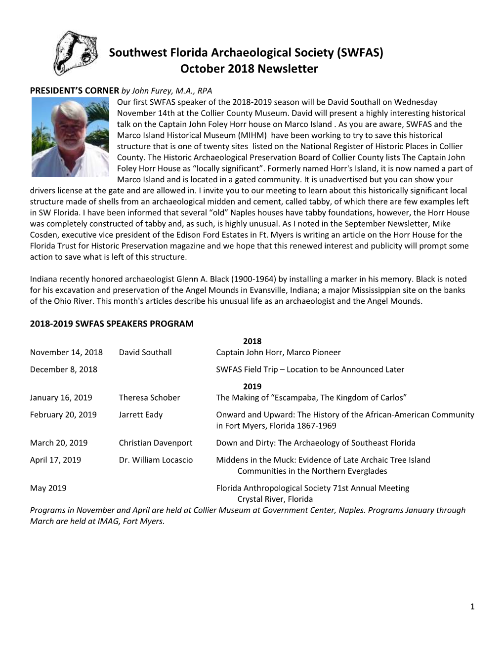 Southwest Florida Archaeological Society (SWFAS) October 2018 Newsletter