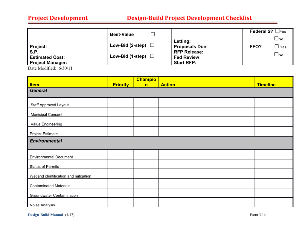 Project Development Design-Build Project Development Checklist