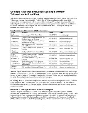 Yellowstone National Park Geologic Resource Evaluation Scoping