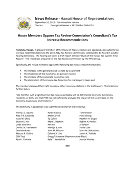 News Release - Hawaii House of Representatives September 10, 2012 - for Immediate Release Contact: Georgette Deemer – 341-5043 Or 586-6133