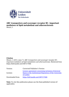 ABC Transporters and Scavenger Receptor BI: Important Mediators Of