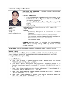 Name of the Faculty : Ms. Neha Yadav Designation and Department : Assistant Professor, Department of Environmental Studies