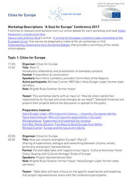Workshop Descriptions “A Soul for Europe” Conference 2017 Topic 1
