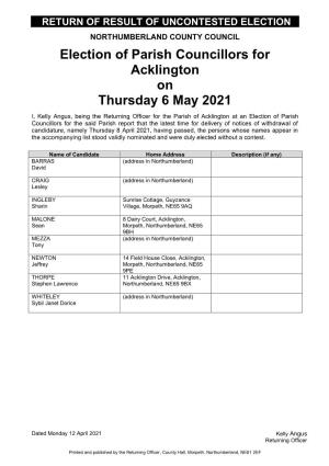 Election of Parish Councillors for Acklington on Thursday 6 May 2021