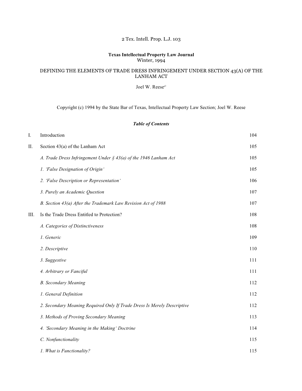 Defining the Elements of Trade Dress Infringement Under Section 43(A) of the Lanham Act