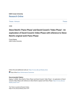 Steve Reich's 'Piano Phase' and David Cossin's 'Video Phase' : an Exploration of David Cossin's Video Phase with Reference to Steve Reich's Original Work Piano Phase