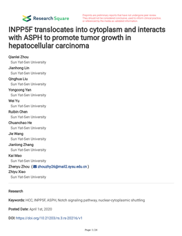 INPP5F Translocates Into Cytoplasm and Interacts with ASPH to Promote Tumor Growth in Hepatocellular Carcinoma