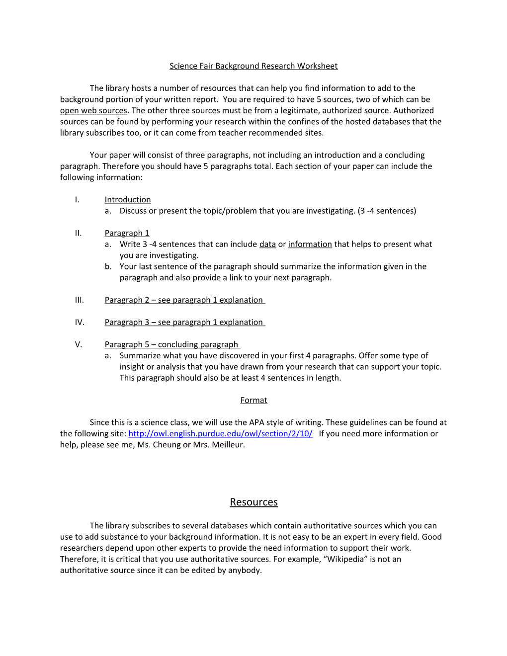 Science Fair Background Research Worksheet