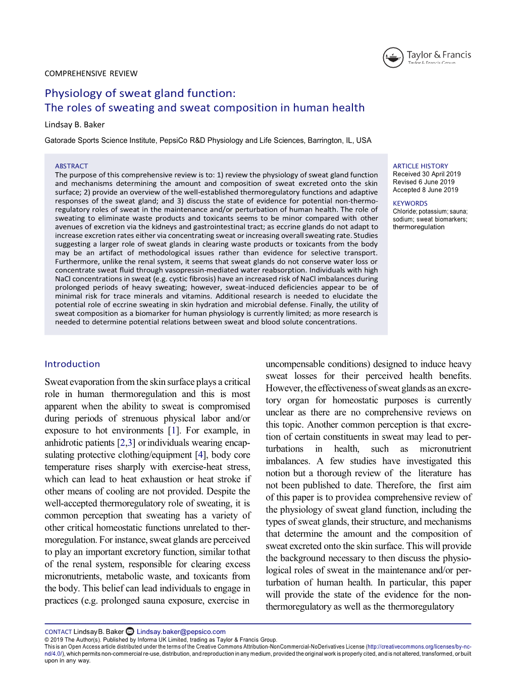 Physiology of Sweat Gland Function: the Roles of Sweating and Sweat Composition in Human Health Lindsay B