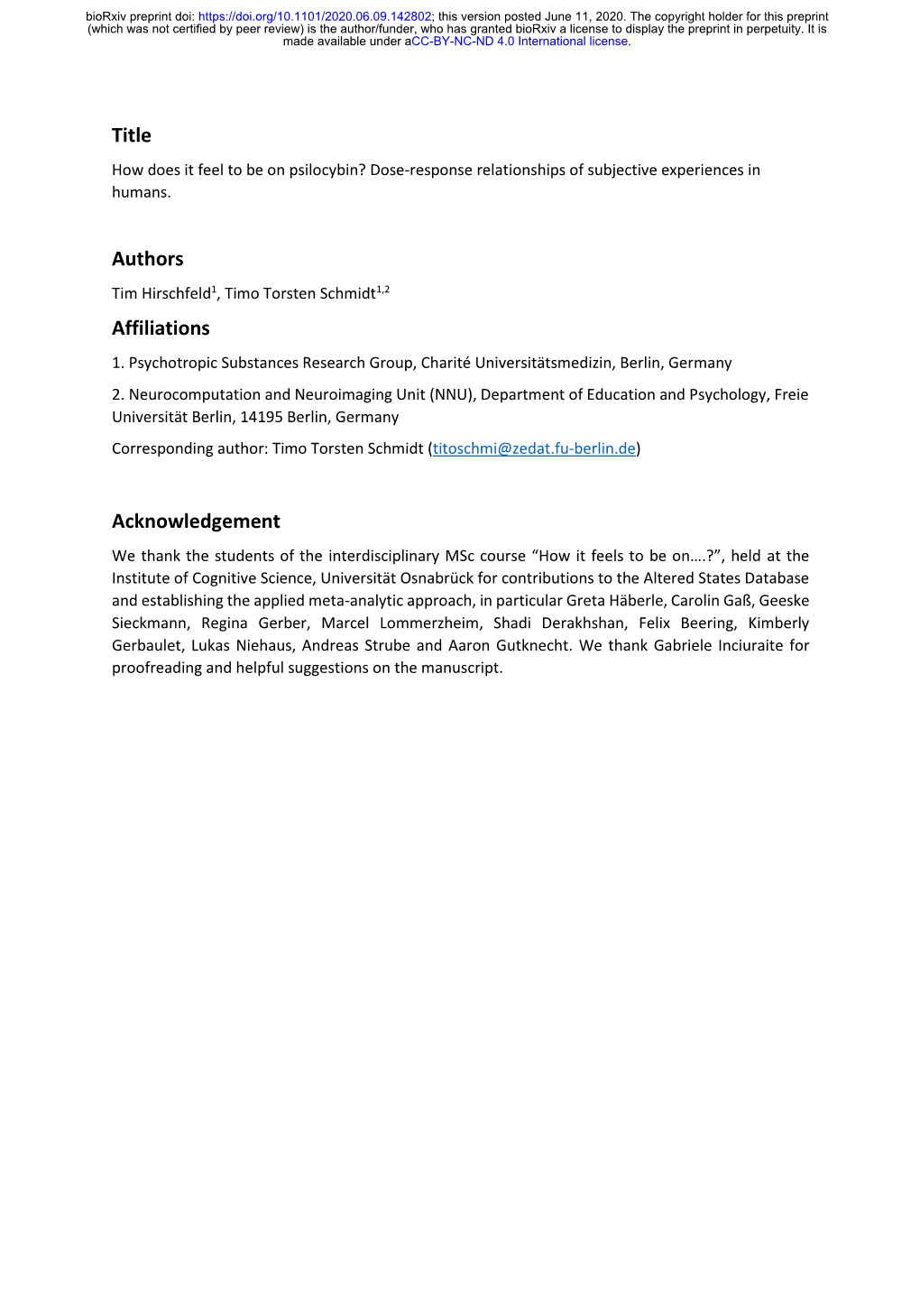 How Does It Feel to Be on Psilocybin? Dose-Response Relationships of Subjective Experiences in Humans