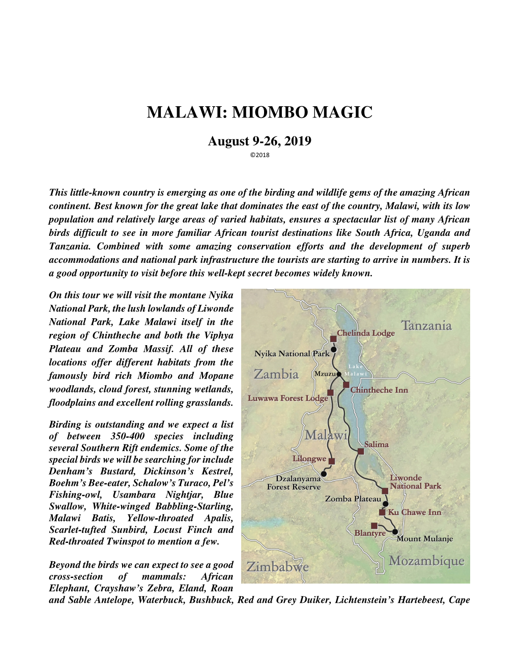 MALAWI: MIOMBO MAGIC August 9-26, 2019 ©2018