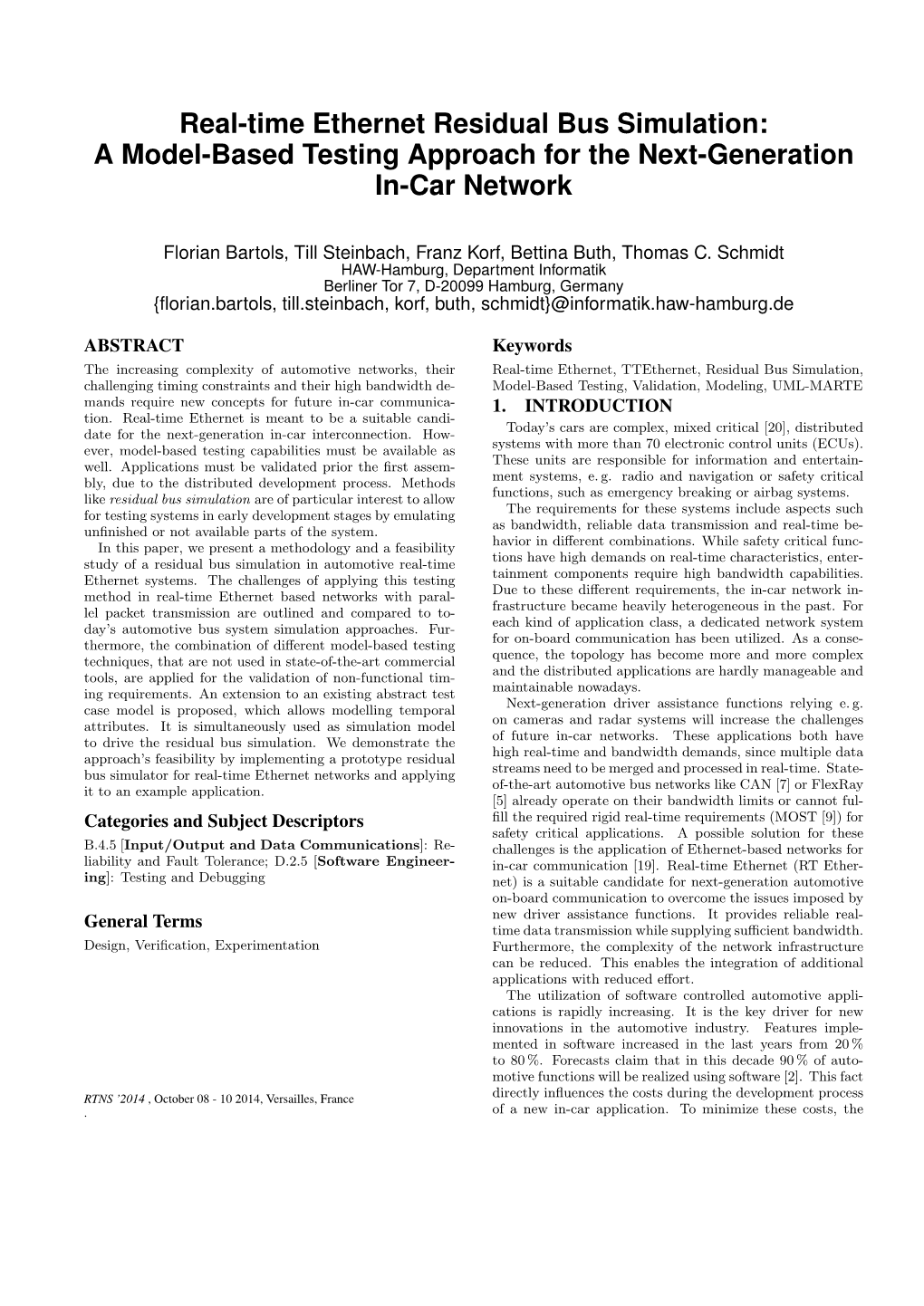 Real-Time Ethernet Residual Bus Simulation: a Model-Based Testing Approach for the Next-Generation In-Car Network