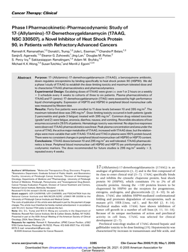 17-Demethoxygeldanamycin (17AAG, NSC 330507), a Novel Inhibitor of Heat Shock Protein 90, in Patients with Refractoryadvanced Cancers Ramesh K