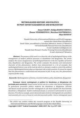 Mythologized History and Politics in Post-Soviet Kazakhstan and Kyrgyzstan*