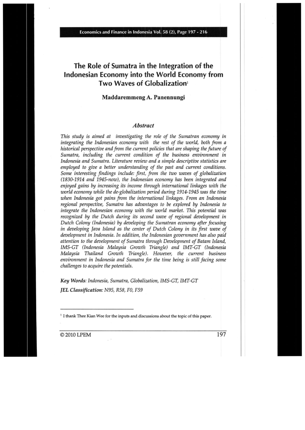 The Role of Sumatra in the Integration of the Indonesian Economy Into the World Economy from Two Waves of Globalization'