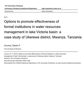 Options to Promote Effectiveness of Formal Institutions in Water Resources Management in Lake Victoria Basin: a Case Study of Ukerewe District, Mwanza, Tanzania