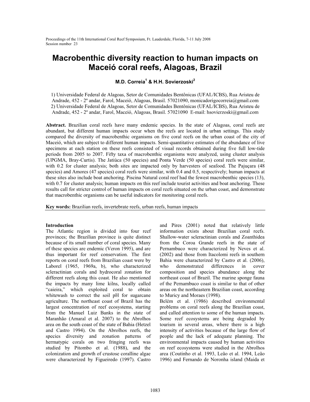 Macrobenthic Diversity Reaction to Human Impacts on Maceió Coral Reefs, Alagoas, Brazil