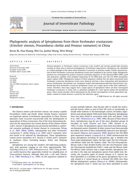 Phylogenetic Analysis of Spiroplasmas from Three Freshwater Crustaceans (Eriocheir Sinensis, Procambarus Clarkia and Penaeus Vannamei) in China