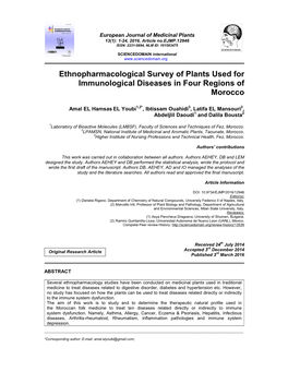 Ethnopharmacological Survey of Plants Used for Immunological Diseases in Four Regions of Morocco