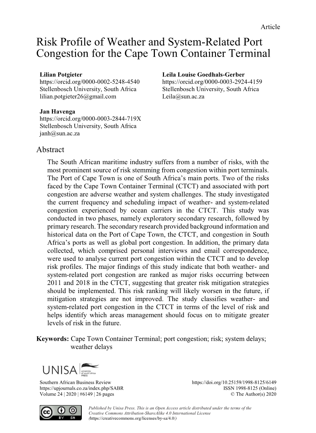 Risk Profile of Weather and System-Related Port Congestion for the Cape Town Container Terminal