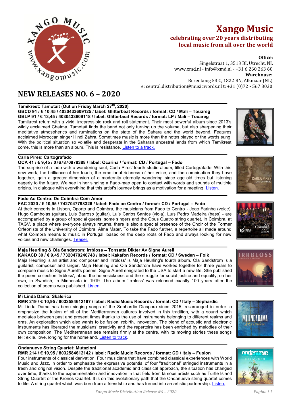 Xango Music Distribution Release #6 – 2020 Pagina | 1