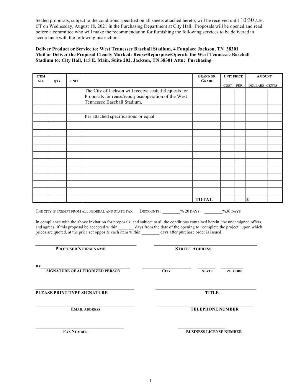 1 Sealed Proposals, Subject to the Conditions Specified on All Sheets