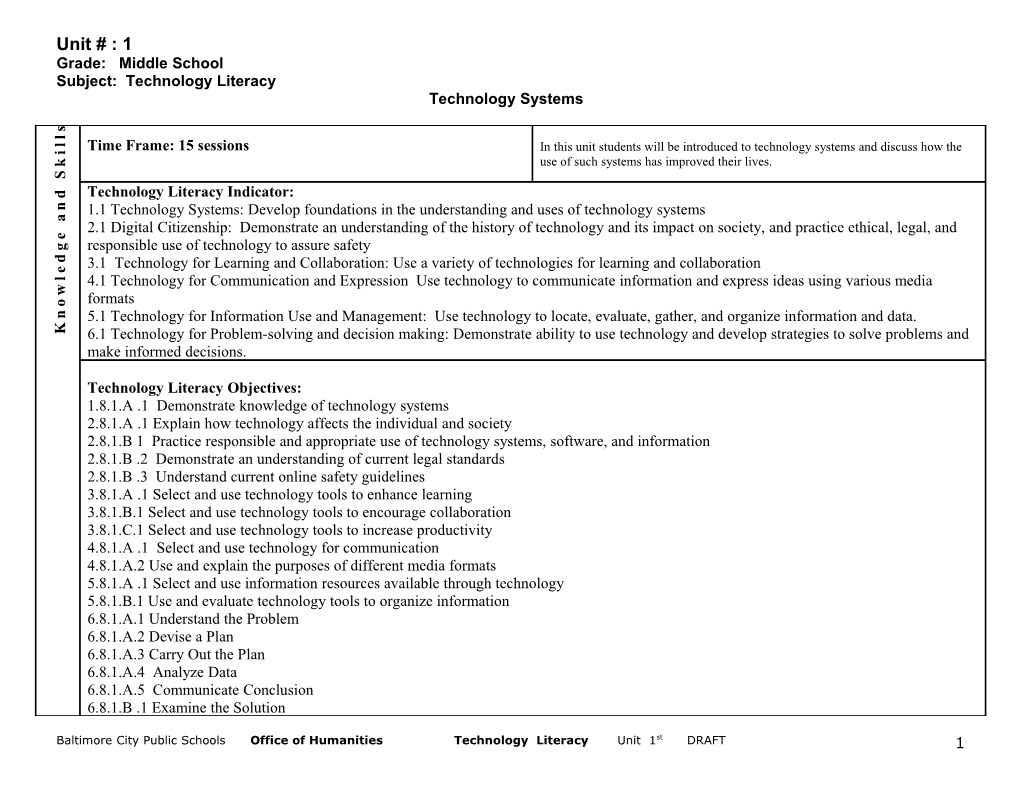 Subject: Technology Literacy