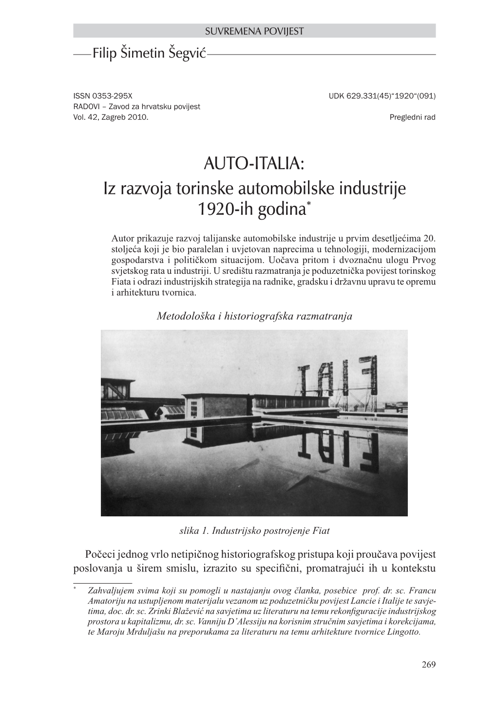 AUTO-ITALIA: Iz Razvoja Torinske Automobilske Industrije 1920-Ih Godina*