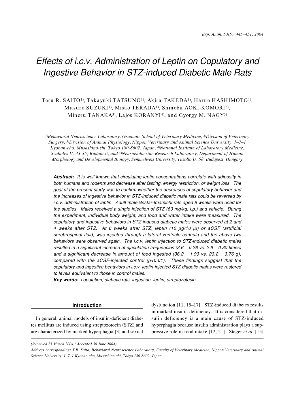 Effects of I.C.V. Administration of Leptin on Copulatory and Ingestive Behavior in STZ-Induced Diabetic Male Rats