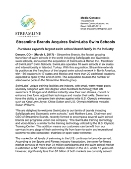 Streamline Brands Acquires Swimlabs Swim Schools