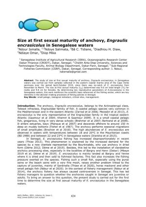 Size at First Sexual Maturity of Anchovy, Engraulis Encrasicolus in Senegalese Waters 1Ndour Ismaïla, 1,2Ndoye Salimata, 2Bâ C