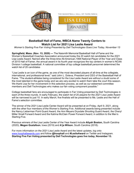 Basketball Hall of Fame, WBCA Name Twenty Centers to Watch List For