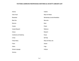 Victoria Germans from Russia Historical Society Library List
