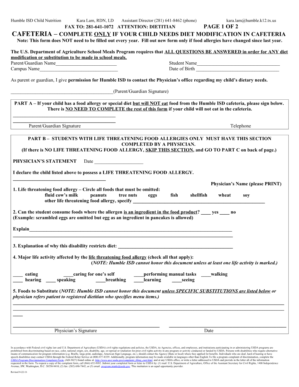 Please Use This Form for LIFE THREATENIG Food Allergies Only