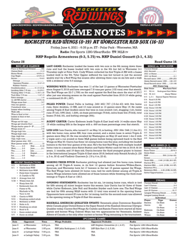 GAME NOTES Rochester Red Wings (8-19) at Worcester Red Sox (16-11) Friday, June 4, 2021 - 6:35 P.M