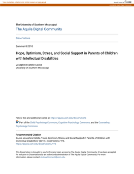 Hope, Optimism, Stress, and Social Support in Parents of Children with Intellectual Disabilities