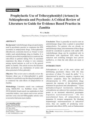 Prophylactic Use of Trihexyphenidyl (Artane) in Schizophrenia and Psychosis: a Critical Review of Literature to Guide for Evidence Based Practice in Zambia