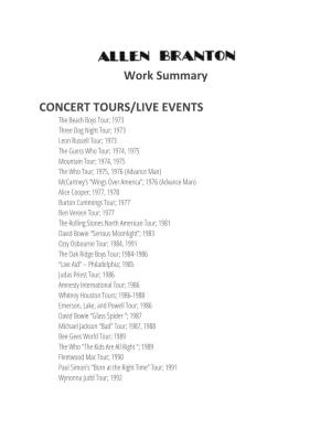 Work Summary CONCERT TOURS/LIVE EVENTS