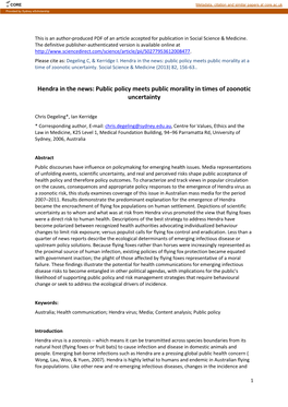 Hendra in the News: Public Policy Meets Public Morality at a Time of Zoonotic Uncertainty