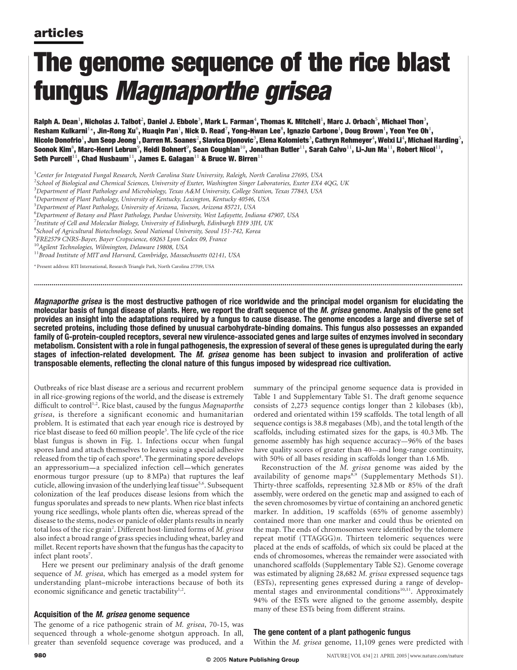 The Genome Sequence Of The Rice Blast Fungus Magnaporthe Grisea - DocsLib