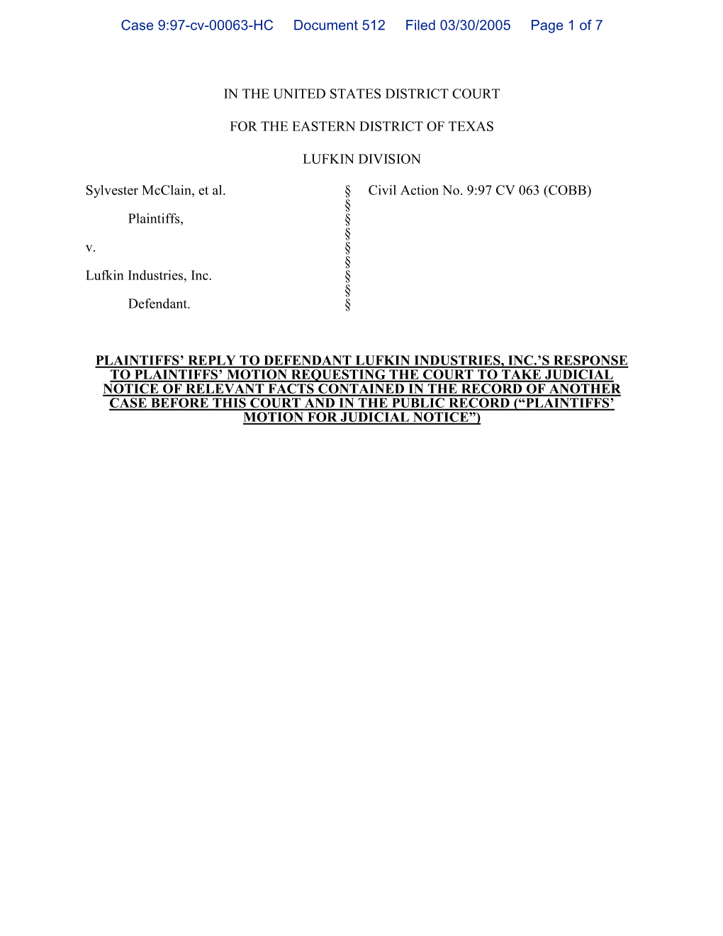 Case 9:97-Cv-00063-HC Document 512 Filed 03/30/2005 Page 1 of 7